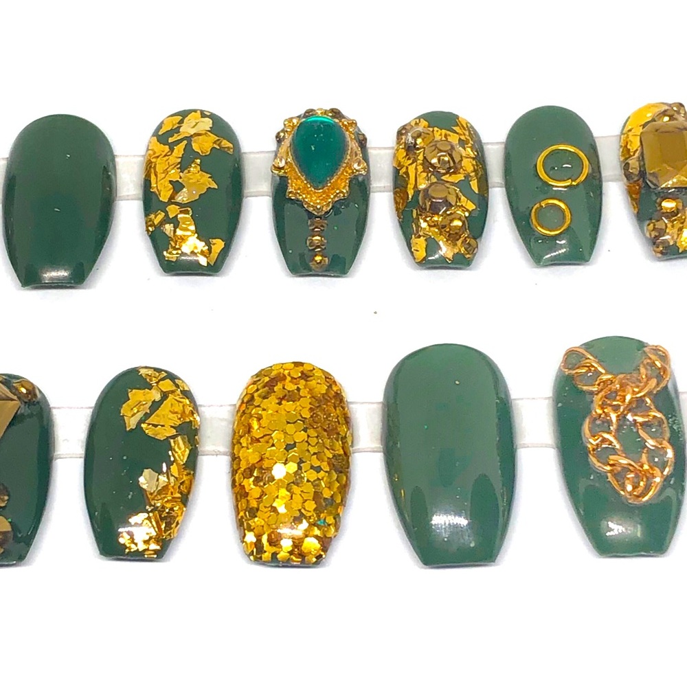 Handmade Press on Nails UV Gel Medium Short Coffin Green & Gold Shiny Fu… - Picture 3 of 8